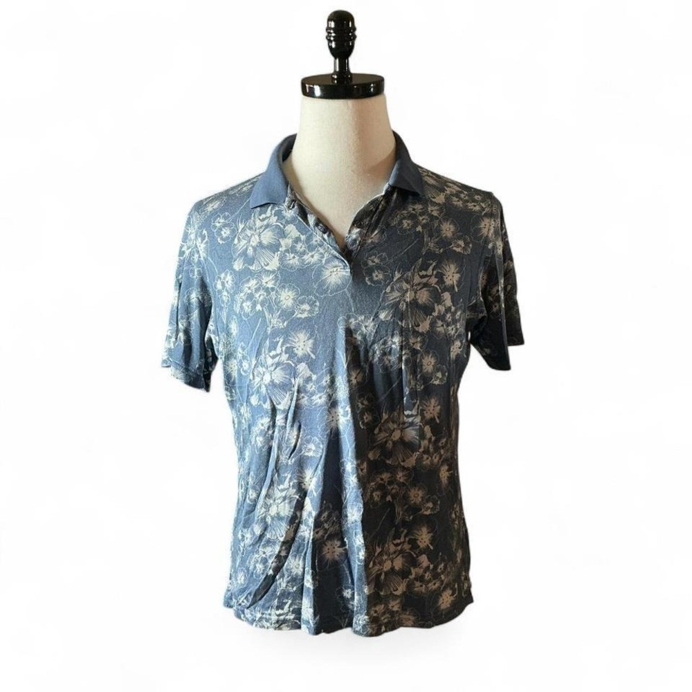 Bobby Chan Women's Blue Floral Silk‎ Cotton Blend Polo Shirt Large Short Sleeve